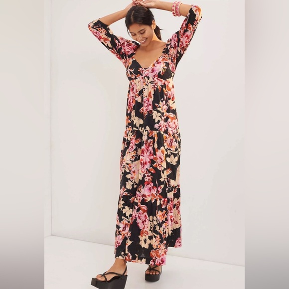 Anthropologie Black and Pink Floral sweetheart neckline Maxi Dress L - Picture 4 of 16